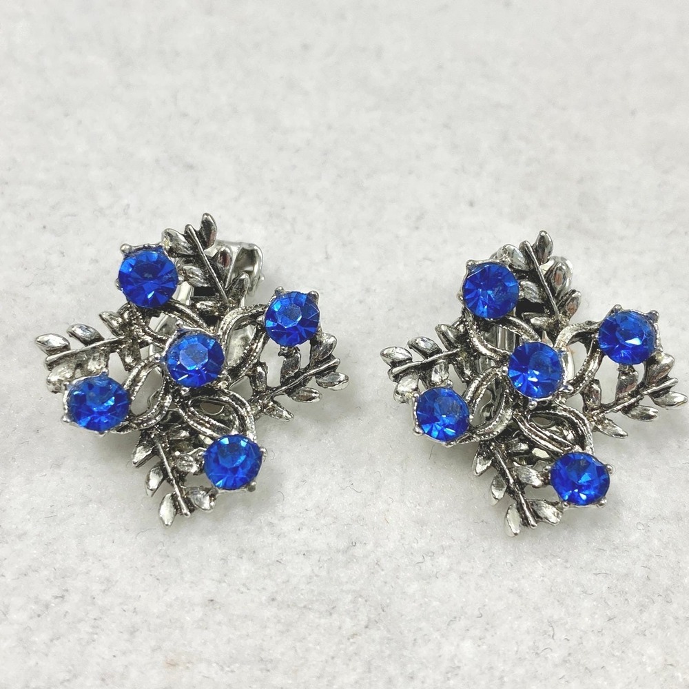 Vintage Earrings Blue‎ Rhinestone Silvertone Clip On  Estate Jewelry Gift